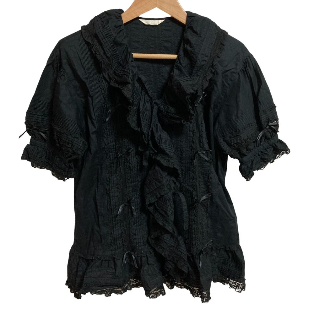 PINK HOUSE ピンクハウス リボン レース ショートスリーブ ラッフルフリル ブラウス シャツ ブラック レディース 古着