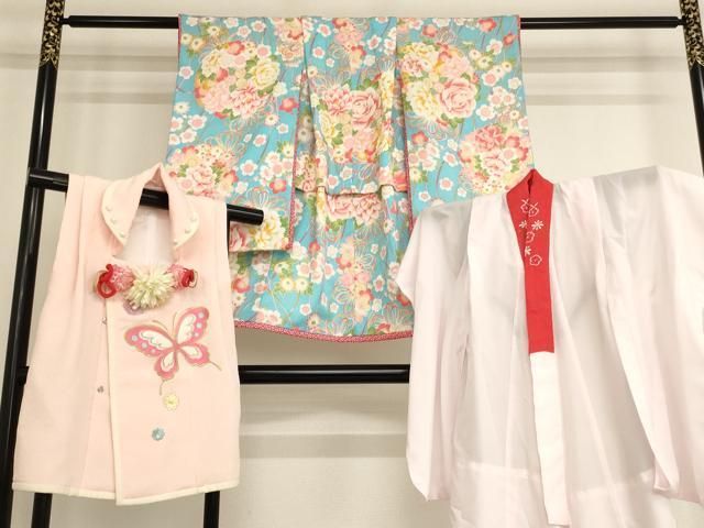 七五三 7歳祝い着セット 正絹 オレンジ 蝶 ヴィンテージ M2509081