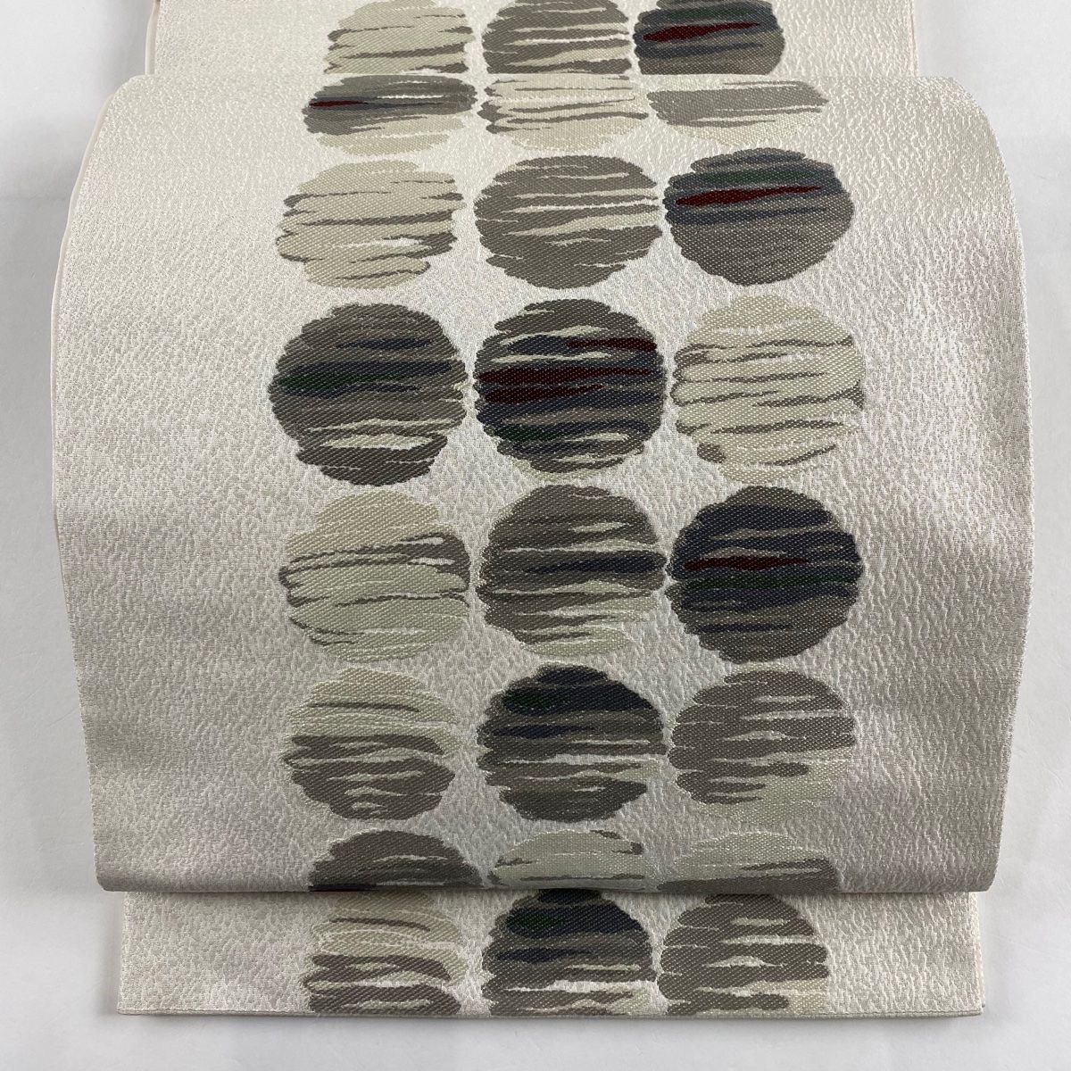 袋帯 秀品 幾何学 銀糸 灰白 六通 正絹