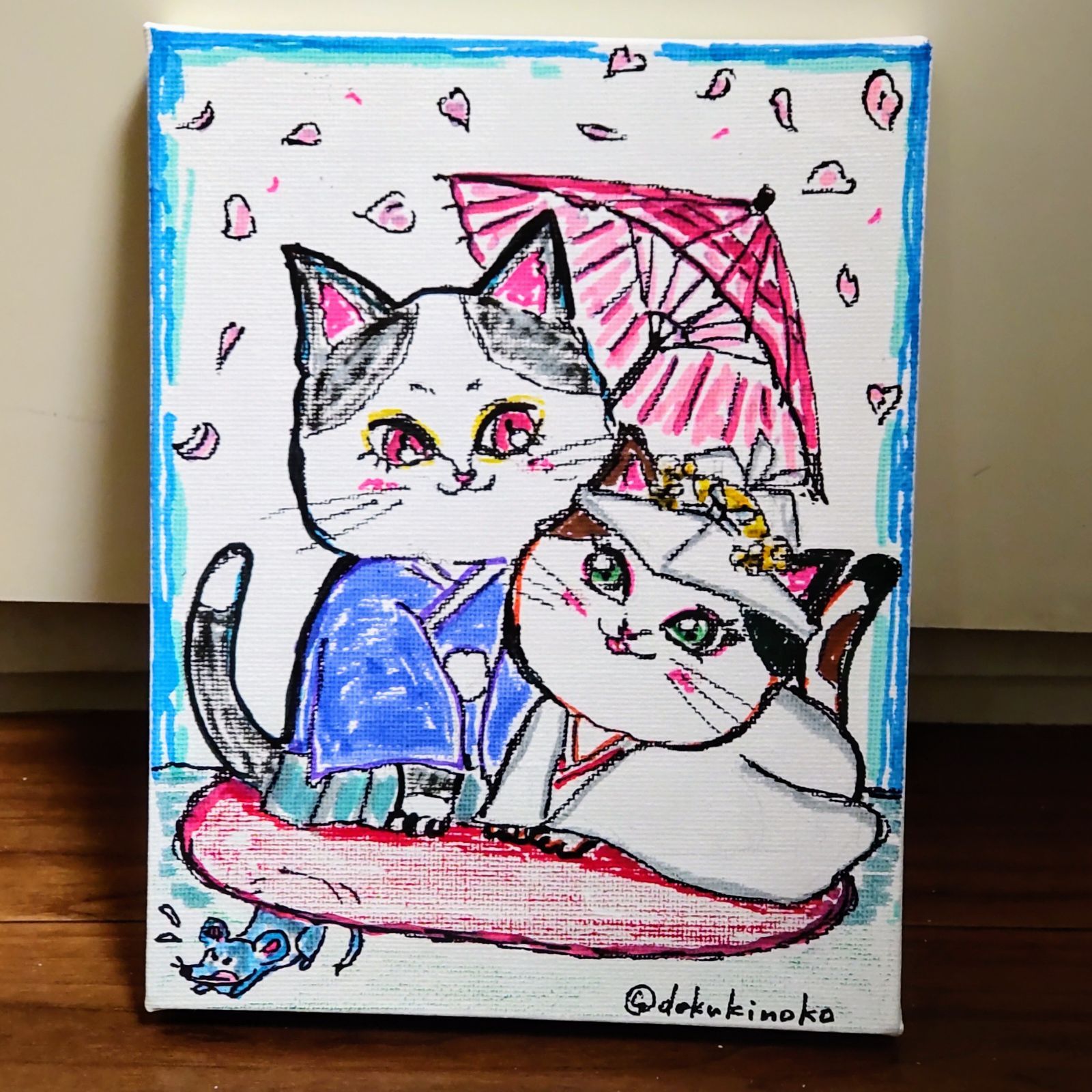 手描きイラスト「ウェディング猫カップル」アート キャンバス