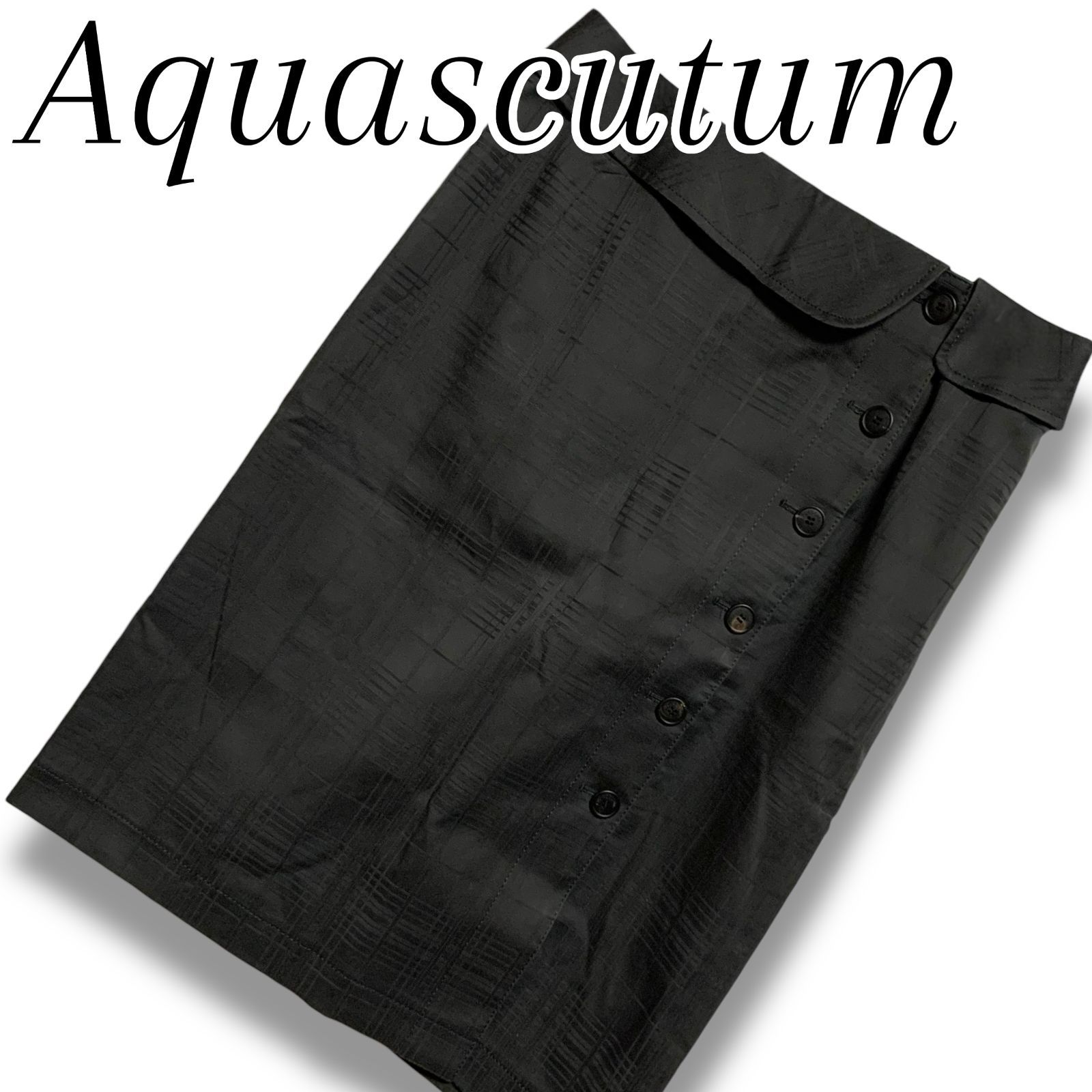 Aquascutum アクアスキュータム ブラック チェック柄 タイトスカート ペンシルスカート 綿85% ポリウレタン キュプラ 日本製 8F Mサイズ相当 レディース エレガント 001081H