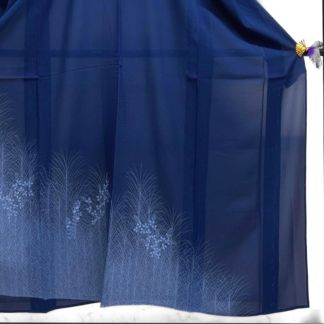 付け下げ　夏用　絽　桔梗　萩　葦　藍染　ネイビー　着物　053a d 付け下げ 夏用 絽 桔梗 萩 葦 藍染 ネイビー 着物 053a d - メルカリ