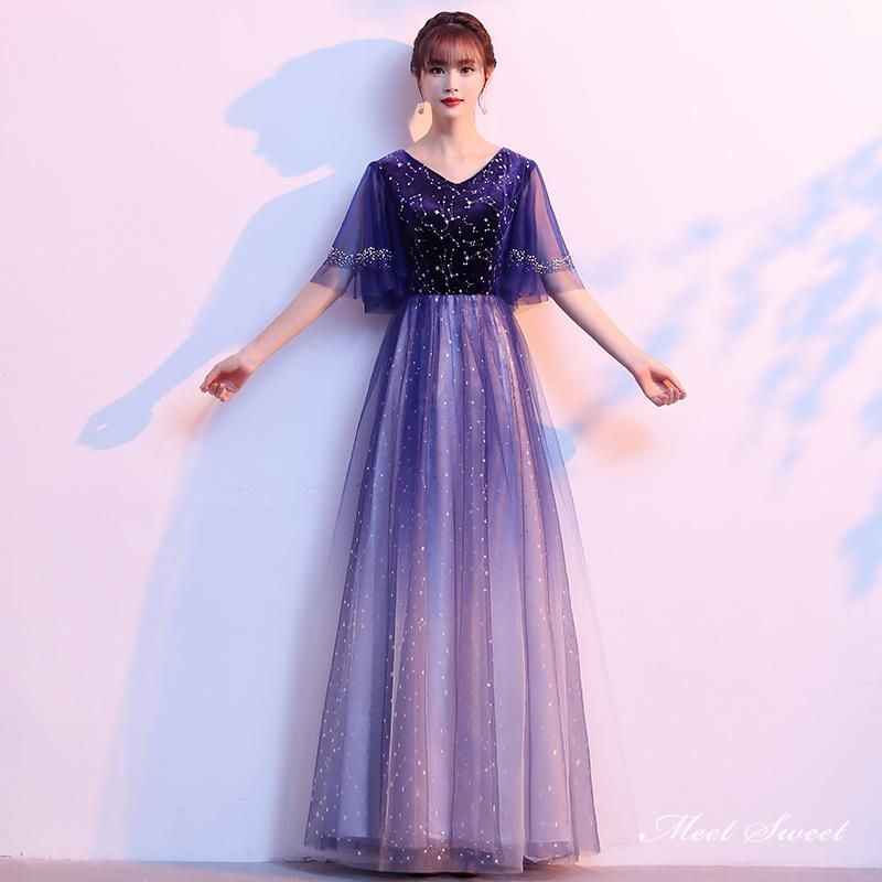 ドレス ファスナー グラデーション ブルー ベルスリープ 演出ドレス ロングドレス 結婚式 二次会 発表会 演奏会 ウェディングドレス ウエディングドレス