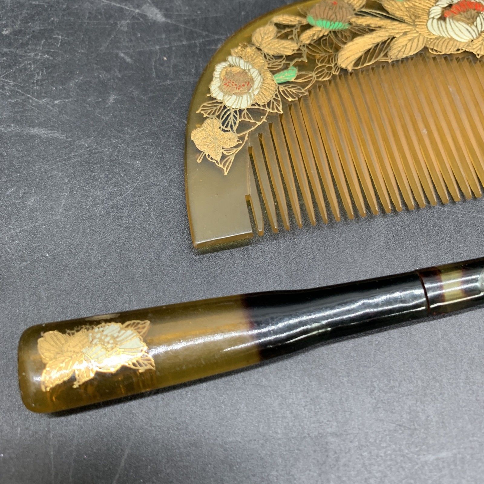 L338 アンティーク 櫛＆簪セット 金箔べっこう色 花柄 彫金 彩色