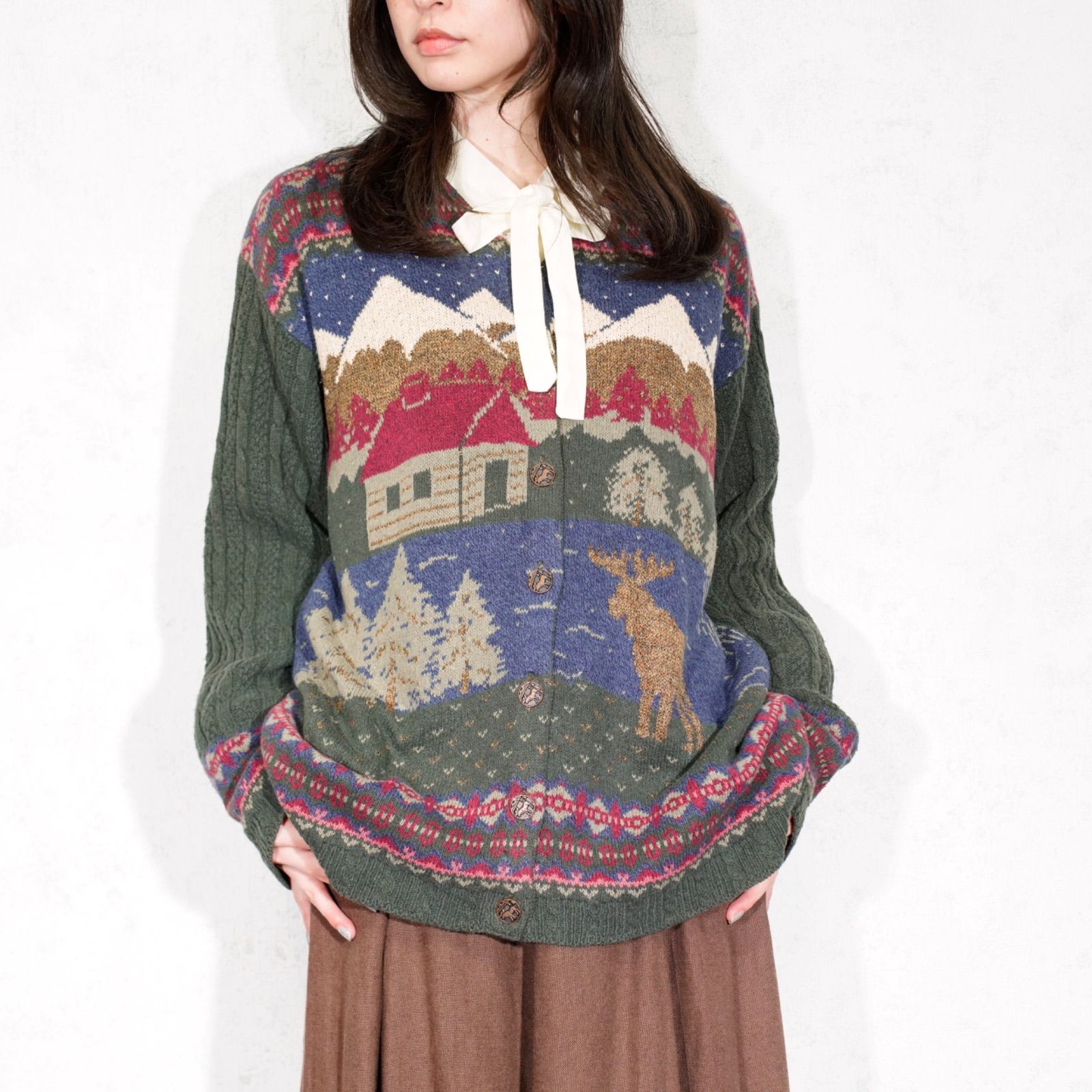 USA VINTAGE Northern Treasures COIN BUTTON PATTERNED DESIGN COTTON KNIT CARDIGAN|アメリカ古着コインボタン柄デザインコットンニットカーディガン