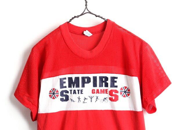 80s USA製 □ チャンピオン メッシュ 切替 プリント 半袖 Tシャツ