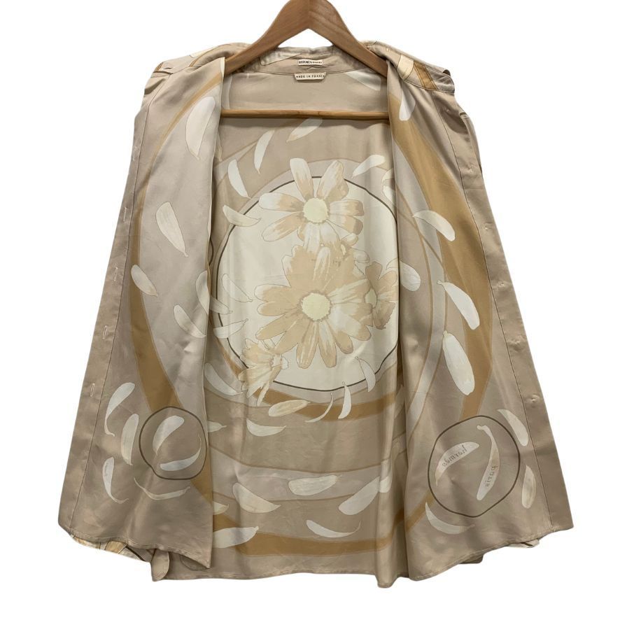 美品◆エルメス 長袖シャツ 花柄 シェルボタン シルク100% マルジェラ期 ベージュ サイズ40 レディース HERMES 【AFB43】 エルメス 長袖シャツ シェルボタン シルク100% マルジェラ期