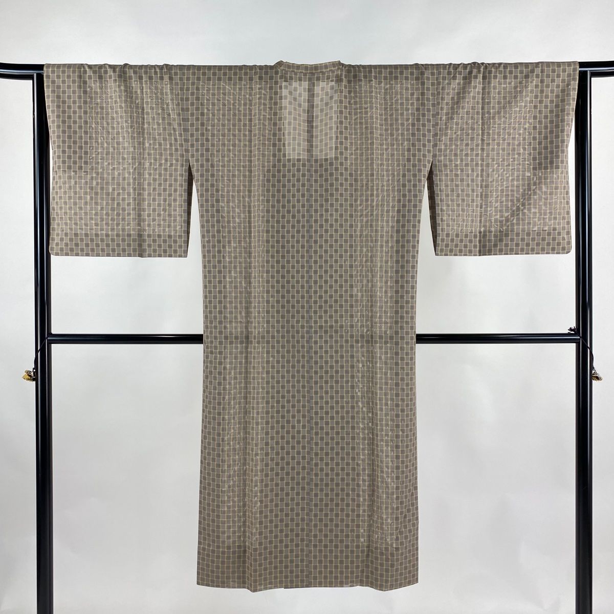 道行 身丈125cm 裄丈66cm M 和装コート 角衿 格子 灰茶 正絹