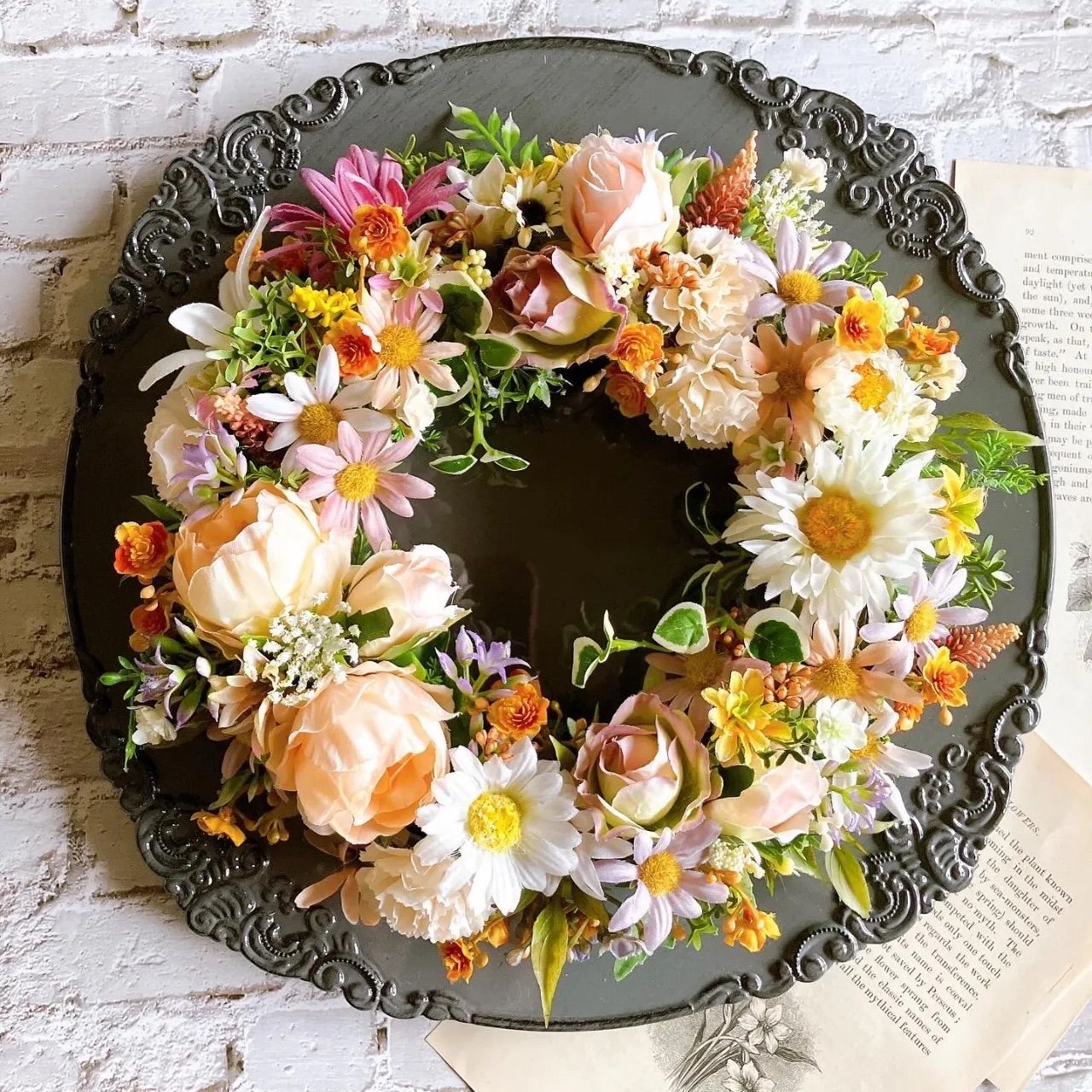 アンティークローズの秋リース 25cm 玄関リース 造花 枯れないお花