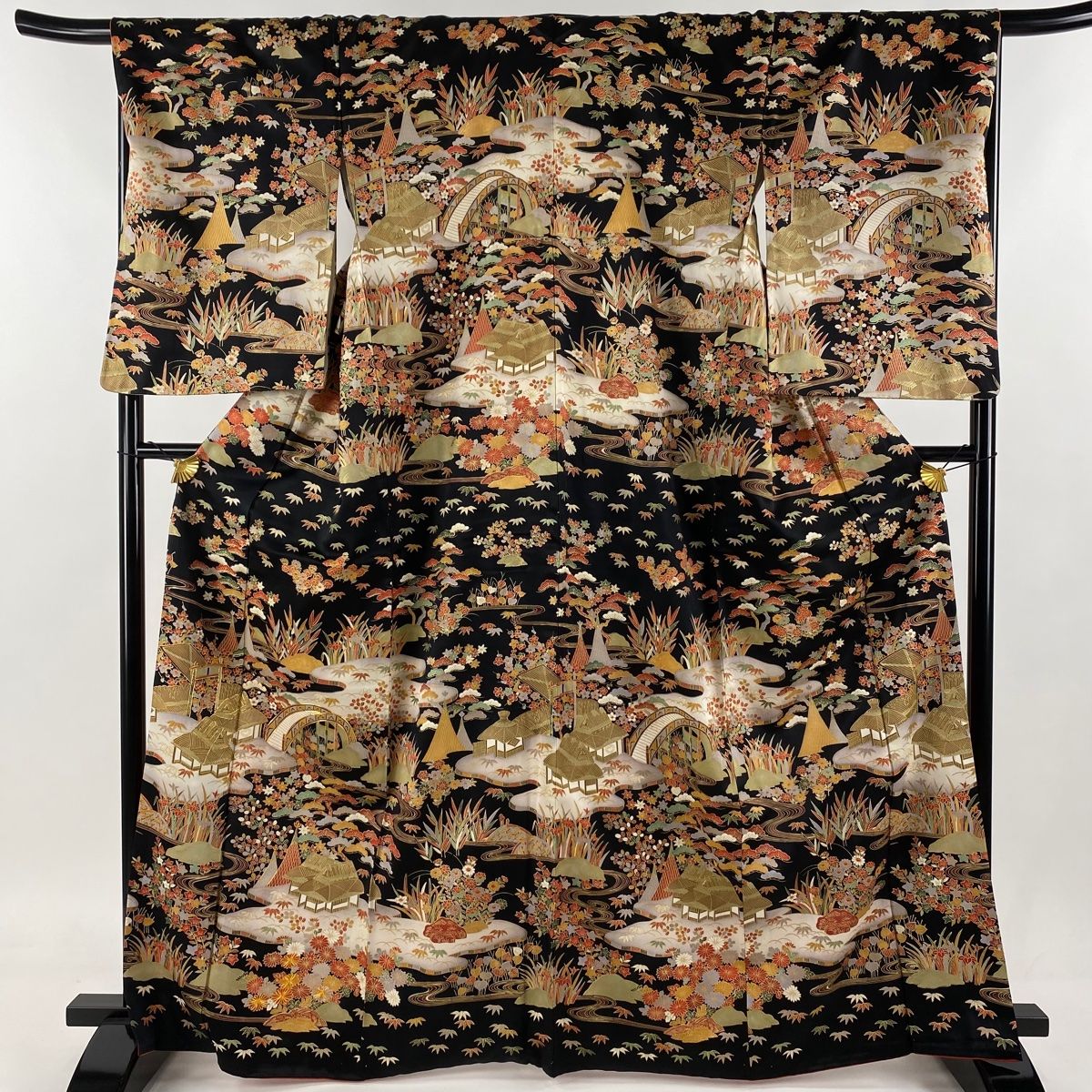 訪問着 身丈166cm 裄丈68cm L 袷 建物 松竹梅 金糸 金彩 黒 正絹 美品  