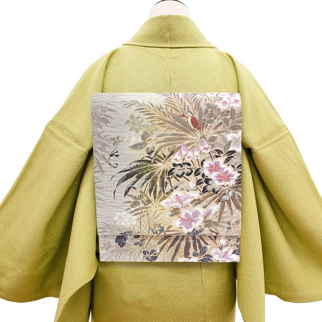 新古品】 袋帯 正絹 絹 南国調 セピアカラー おしゃれ 花 鳥 蝶 小動物