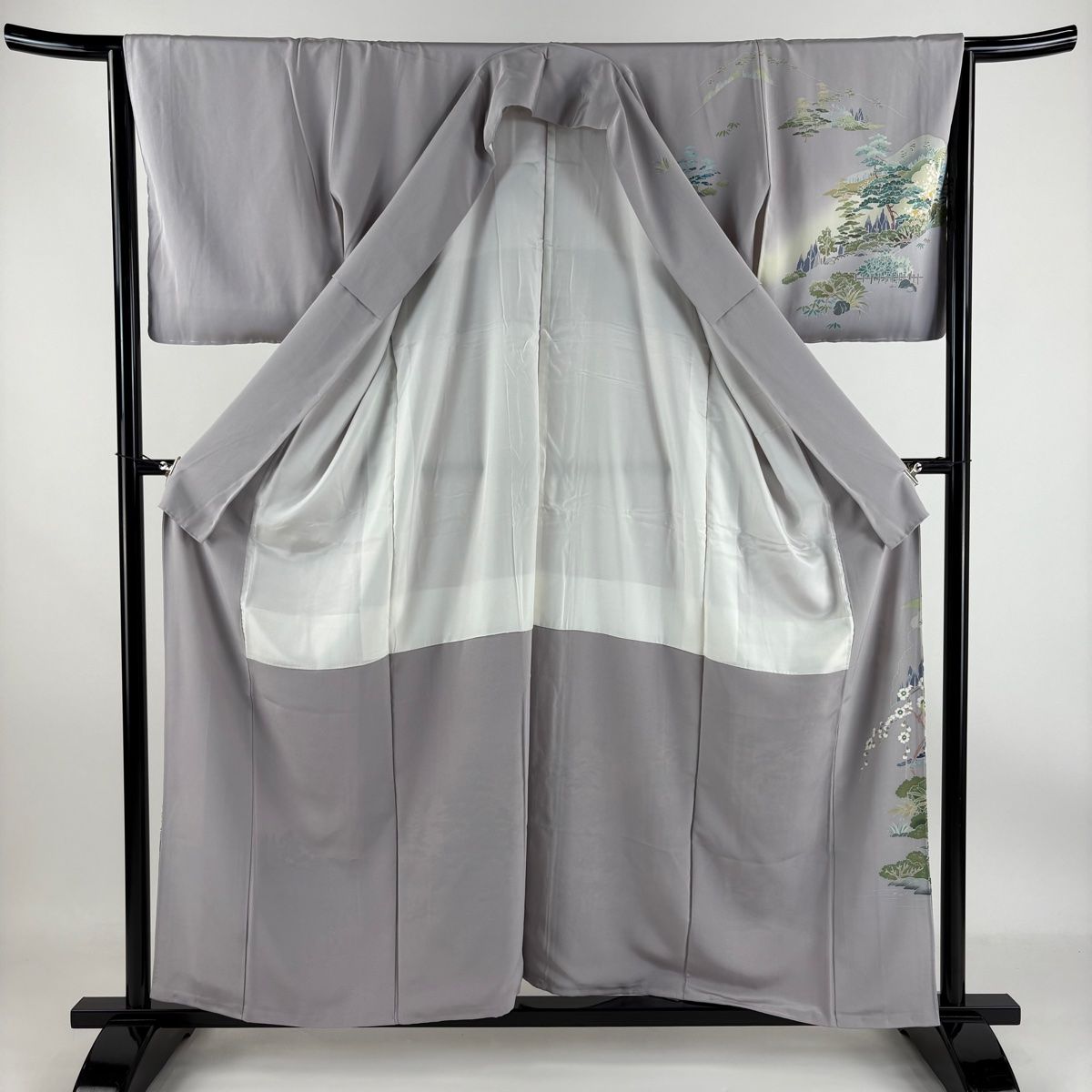 訪問着 身丈157cm 裄丈64cm M 袷 落款 風景 松梅 薄紫 正絹 美品 秀品 【中古】