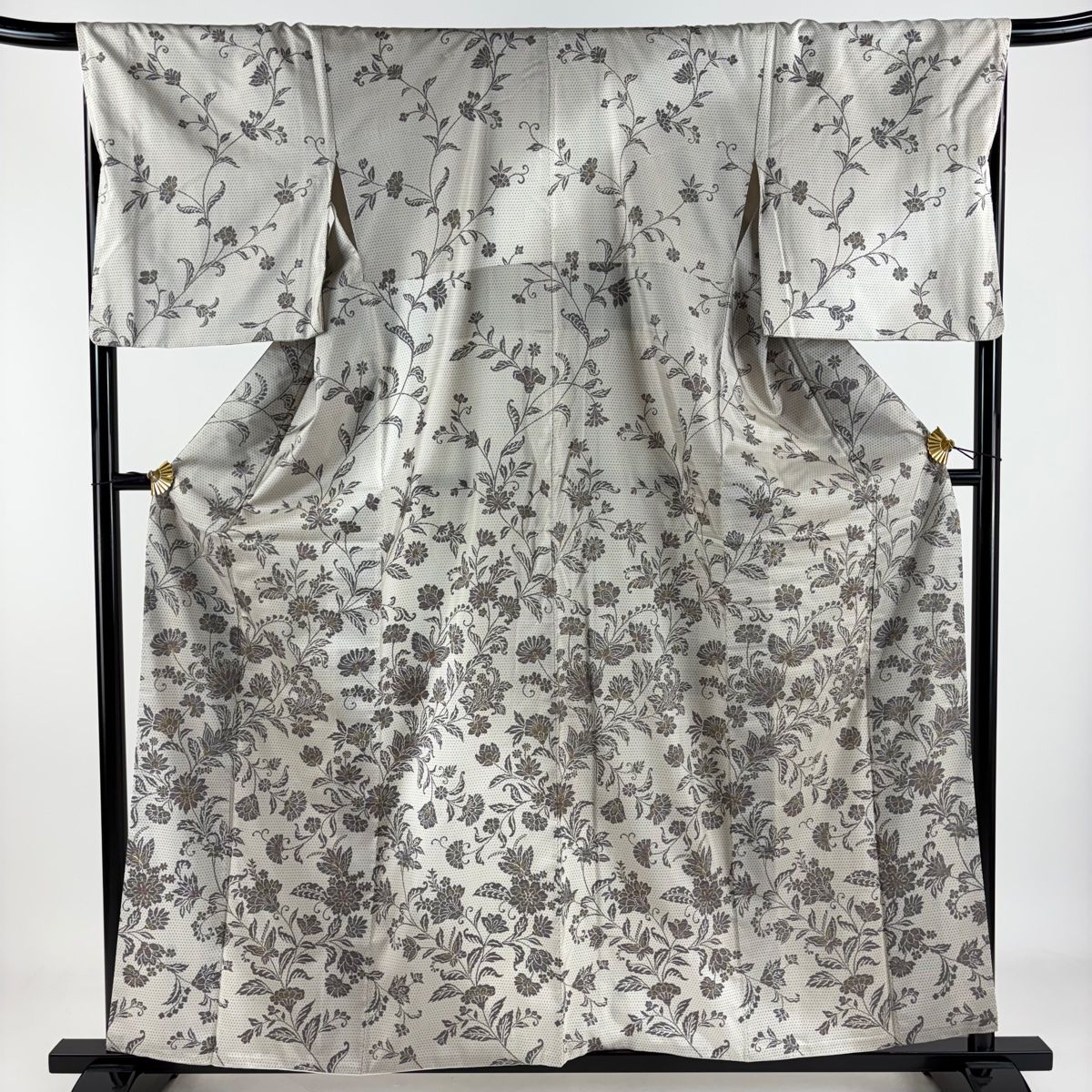 訪問着 身丈159cm 裄丈68cm L 袷 大島紬地 証紙 草花 蝶 ぼかし 灰白 正絹