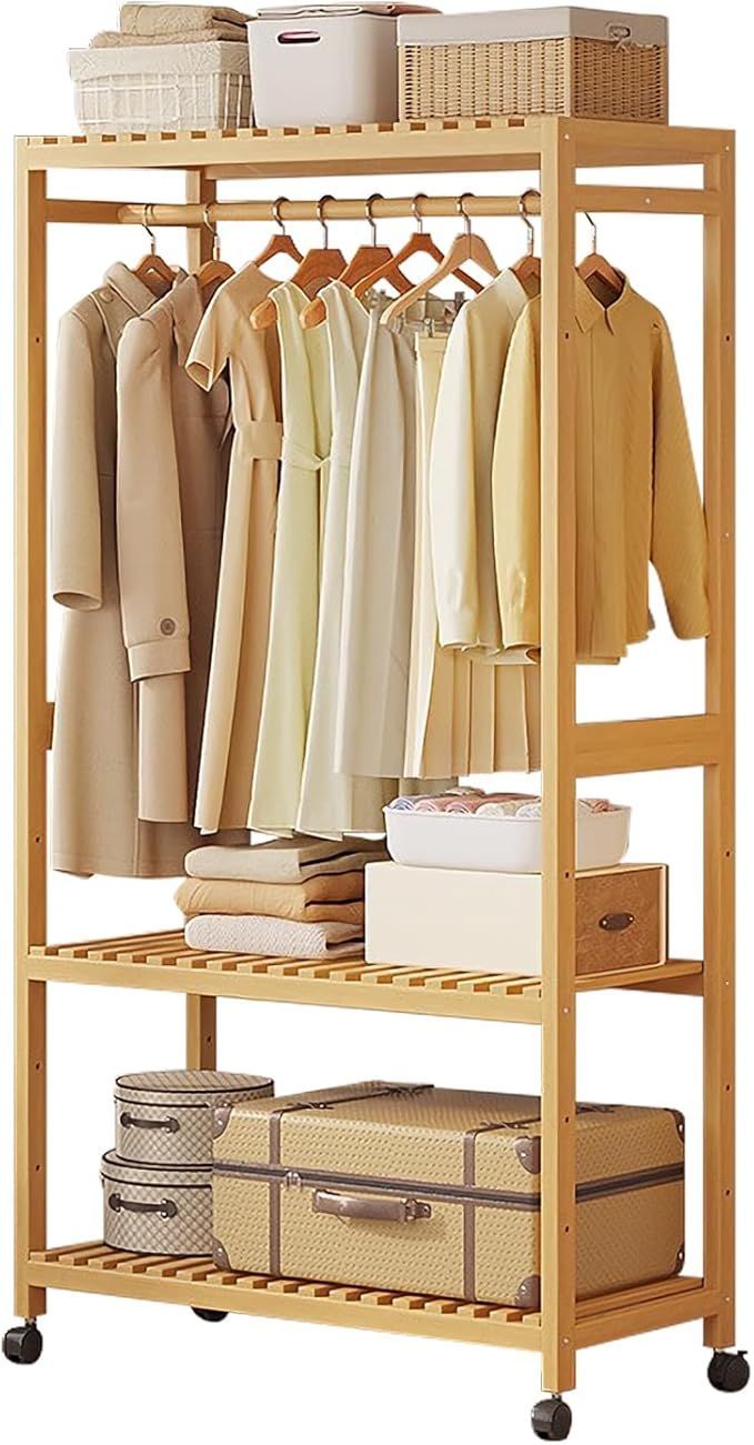 Huaniun ハンガーラック キャスター付き スリム 竹製 3段棚板付き 大容量 洋服ラック 見せる収納 コート掛け 洋服掛け 省スペース 幅83×奥行34×高さ160cm