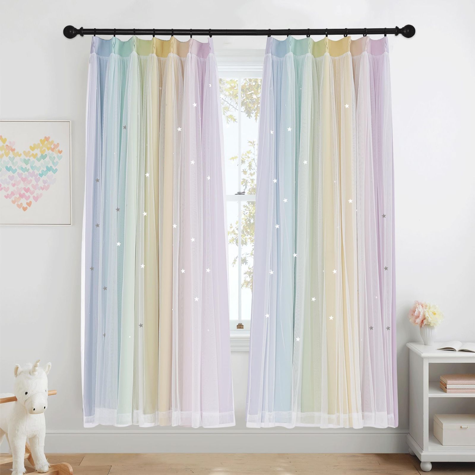 【在庫処分】2枚組 ベランダ プライバシー保護 幼稚園 台所 風呂場 100ｘ80cm レースカーテン付き グラデーション 柔らかいカーテン キラキラ 可愛い ピンク＆パープル 姫糸 透かし彫り星柄 