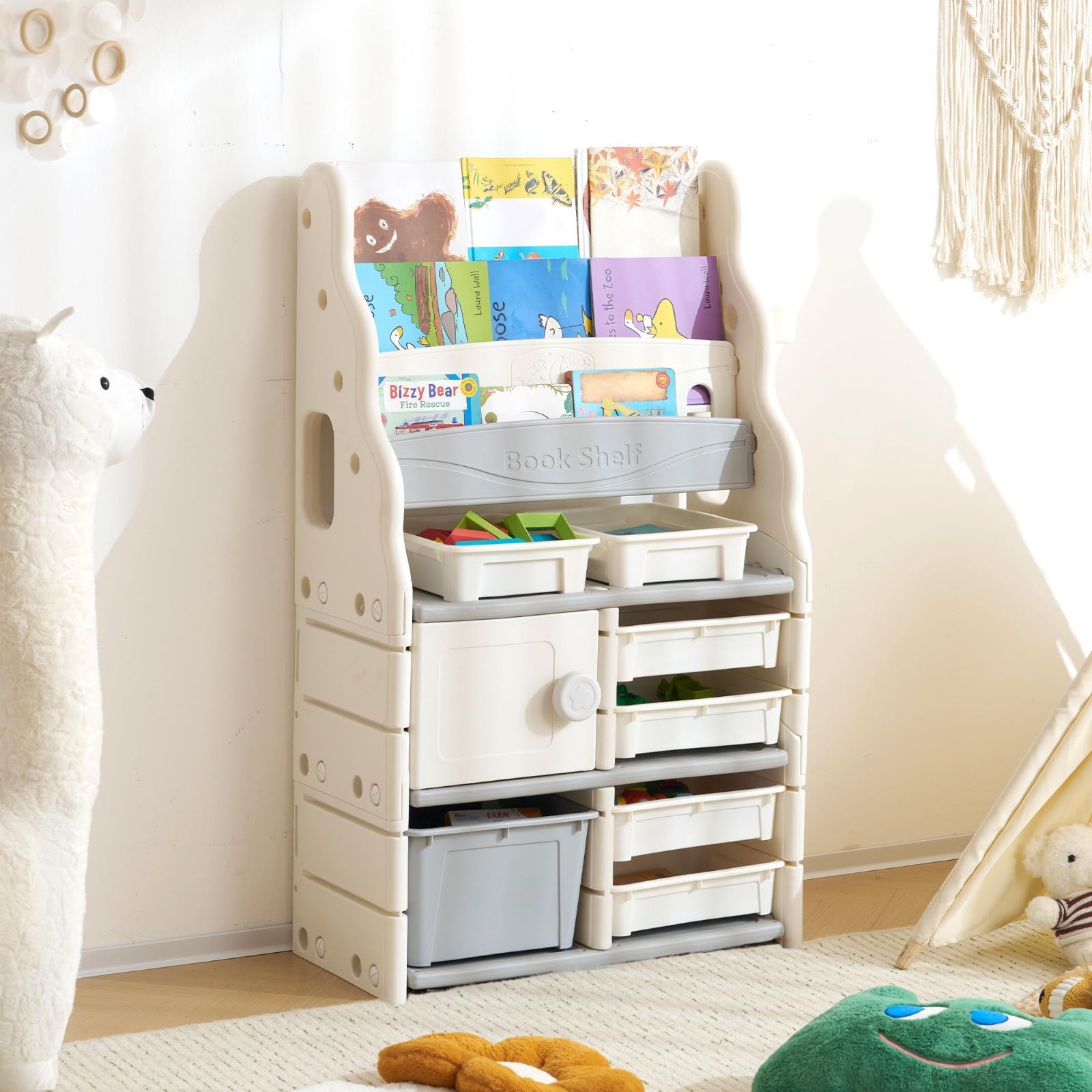 フック付き 大容量 木製 キッズ 家具 子ども用 子供用 おもちゃ収納箱 収納バスケット 収納ケース 入学 子供部屋 多機能 入園 本棚 収納ボックス 出産祝い おもちゃ収納 プラスチック製 フッ