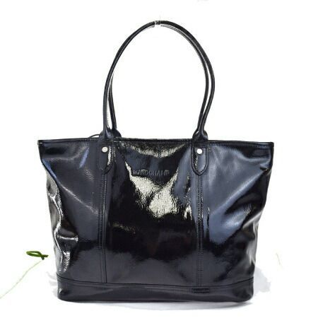 【中古】 中美品 ロンシャン LONGCHAMP トートバッグ ショルダーバッグ ブラック エナメル 保存袋付き 01HC822