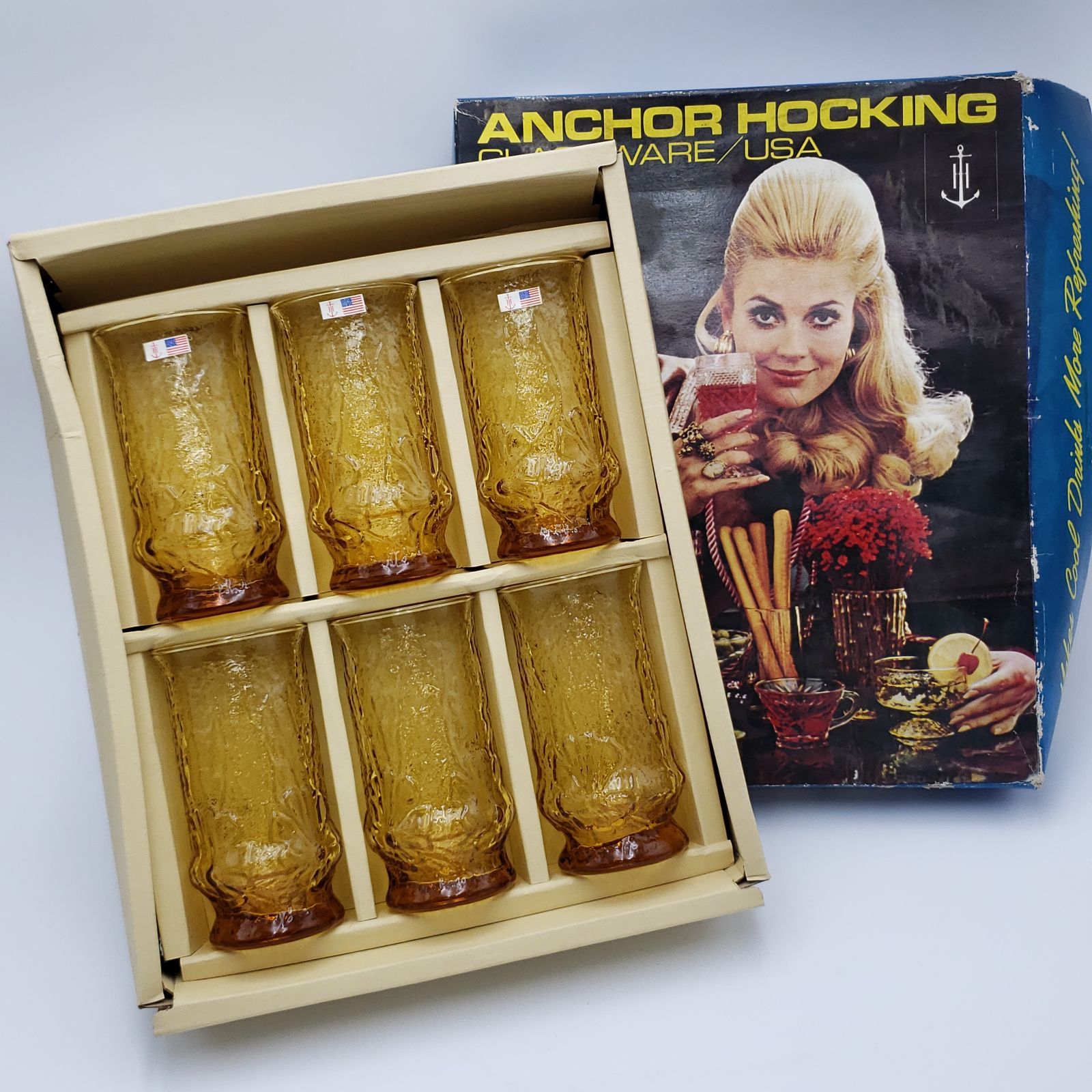 アンカーホッキング 6客セット 飴色グラス 箱付 ANCHOR HOCKING GLASSWARE USA製 ファイアーキング 琥珀色 昭和レトロ  レトロポップ コップ 純喫茶 喫茶店 茶店 アンティーク食器 ガラス工芸 古道具 エモい【80H176】 - メルカリ