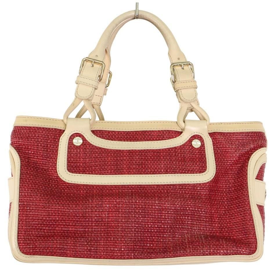 CELINE セリーヌ ハンドバッグ ブギーバッグ 手提げ ストロー ツイード 編み込み 赤 収納袋 トリオンフボタン 通勤通学 旅行 レディース