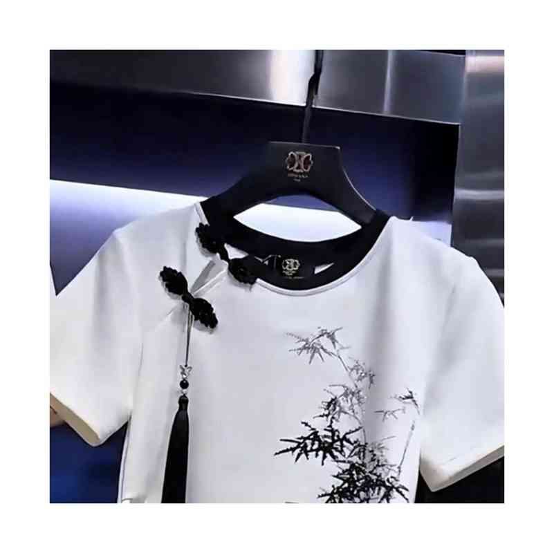 tシャツ レディース セットアップ 半袖 プルオーバー 中華風 ボタン 婦人ブラウス 薄手 通気性 9分丈パンツ ズボン シニア 高齢者 Amazon | [WOOYOO] tシャツ レディース セットアップ 半袖 プル