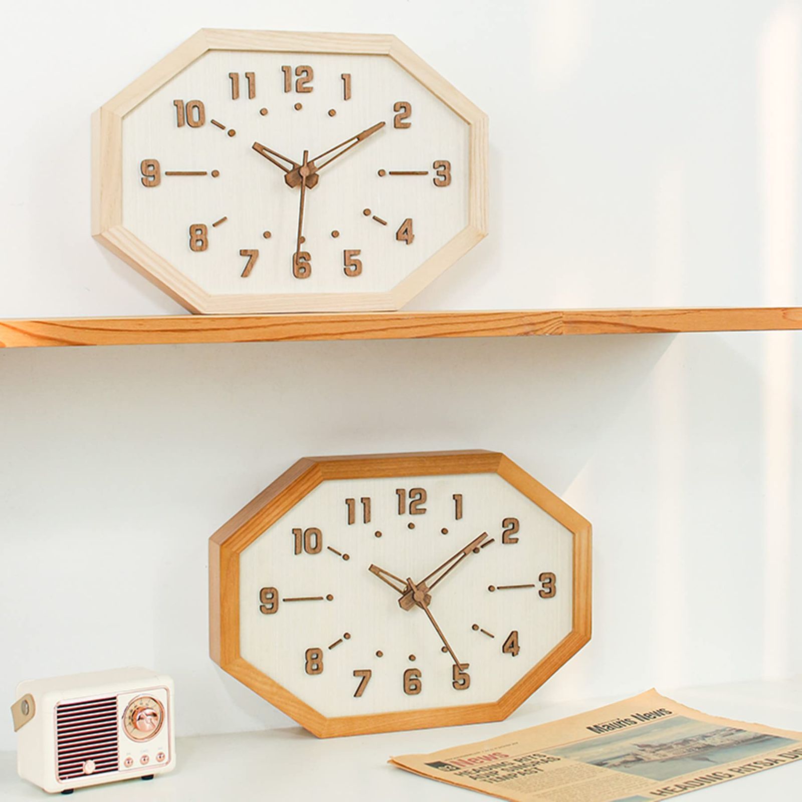 人気商品】時計 人気 かわいい 天然木製 八角形 時計 おしゃれ 3D立体 ...
