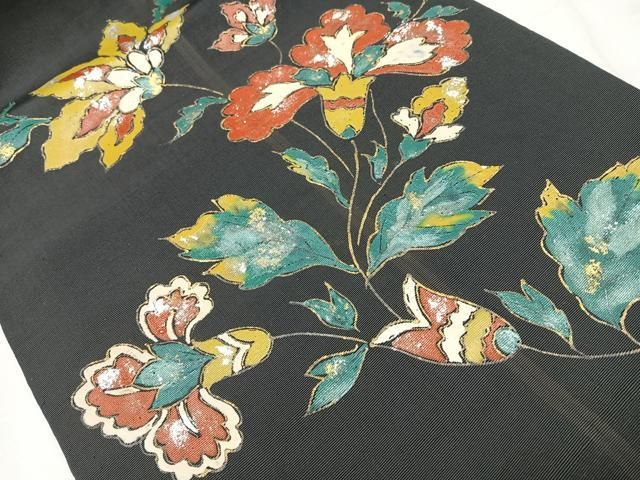 平和屋着物○アンティーク 大正ロマン 九寸名古屋帯 鴛鴦花文 金糸