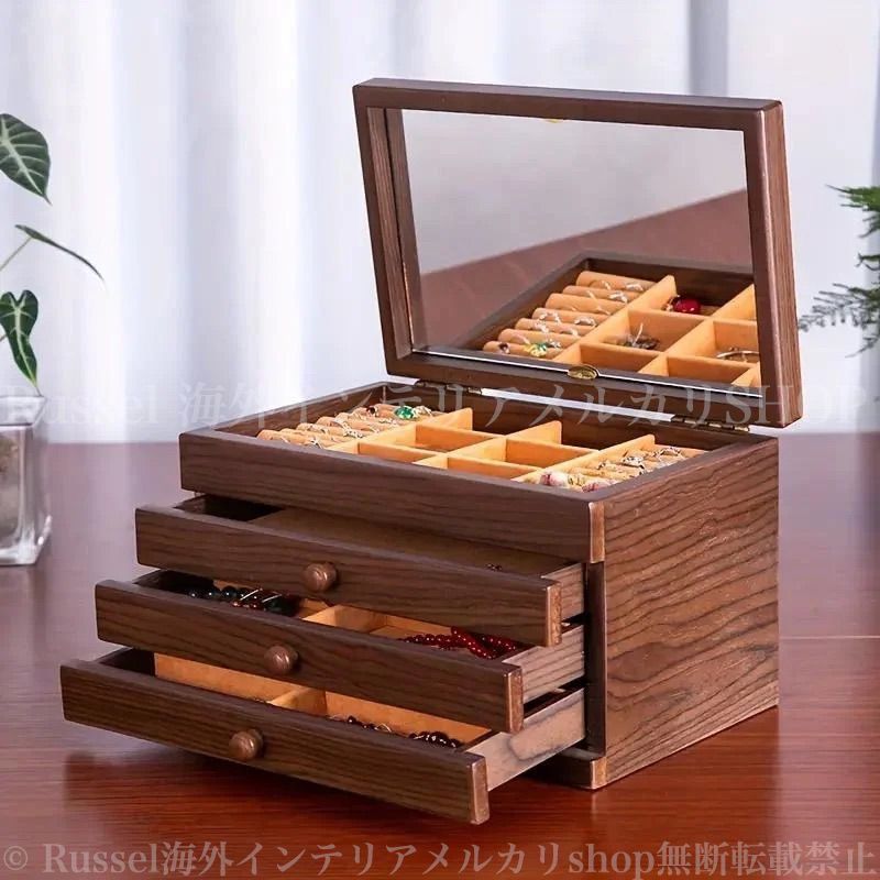 【希少】レトロ ヴィンテージ 9段ジュエリーボックス ミラー付き ジュエリーケース アクセサリーケース ジュエリーボックス 木製