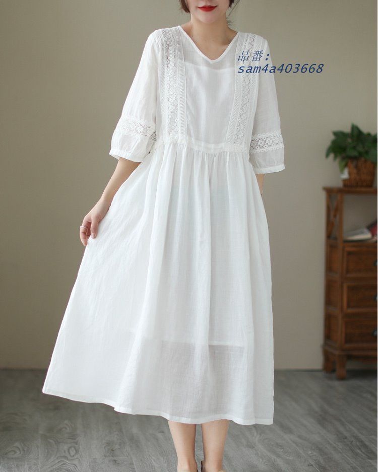 ワンピース ドレス マキシ丈 レース 五分袖 ナチュラル レディース am4a403668