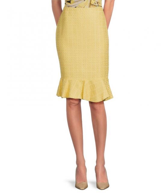 【送料無料】 ダナキャラン レディース スカート ボトムス Tweed High Waist Flounce Hem Pencil Midi Skirt Panna Cotta