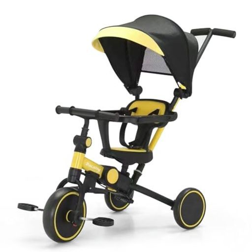 Bacany子供用三輪車7in1三輪車ステップ付き折りたたみ手押し棒おしゃれ1歳-6歳ランニングバイクコンパクト自転車おもちゃ乗用玩具幼児用キッズバイクプレゼントおもちゃ調整 お祝い…