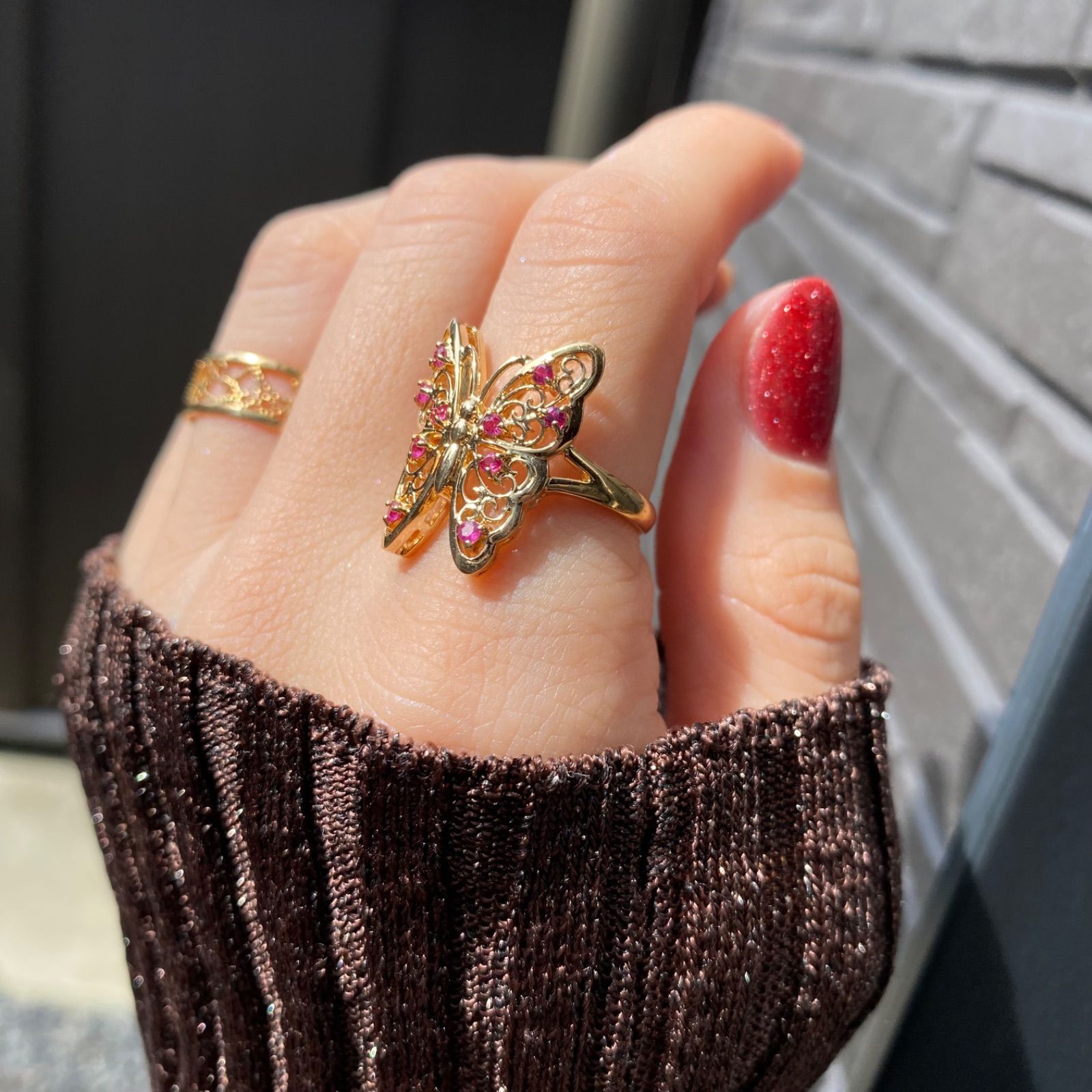 昭和レトロ】K18 バタフライ 透かし ルビー 13号 蝶 ゴールド C1682