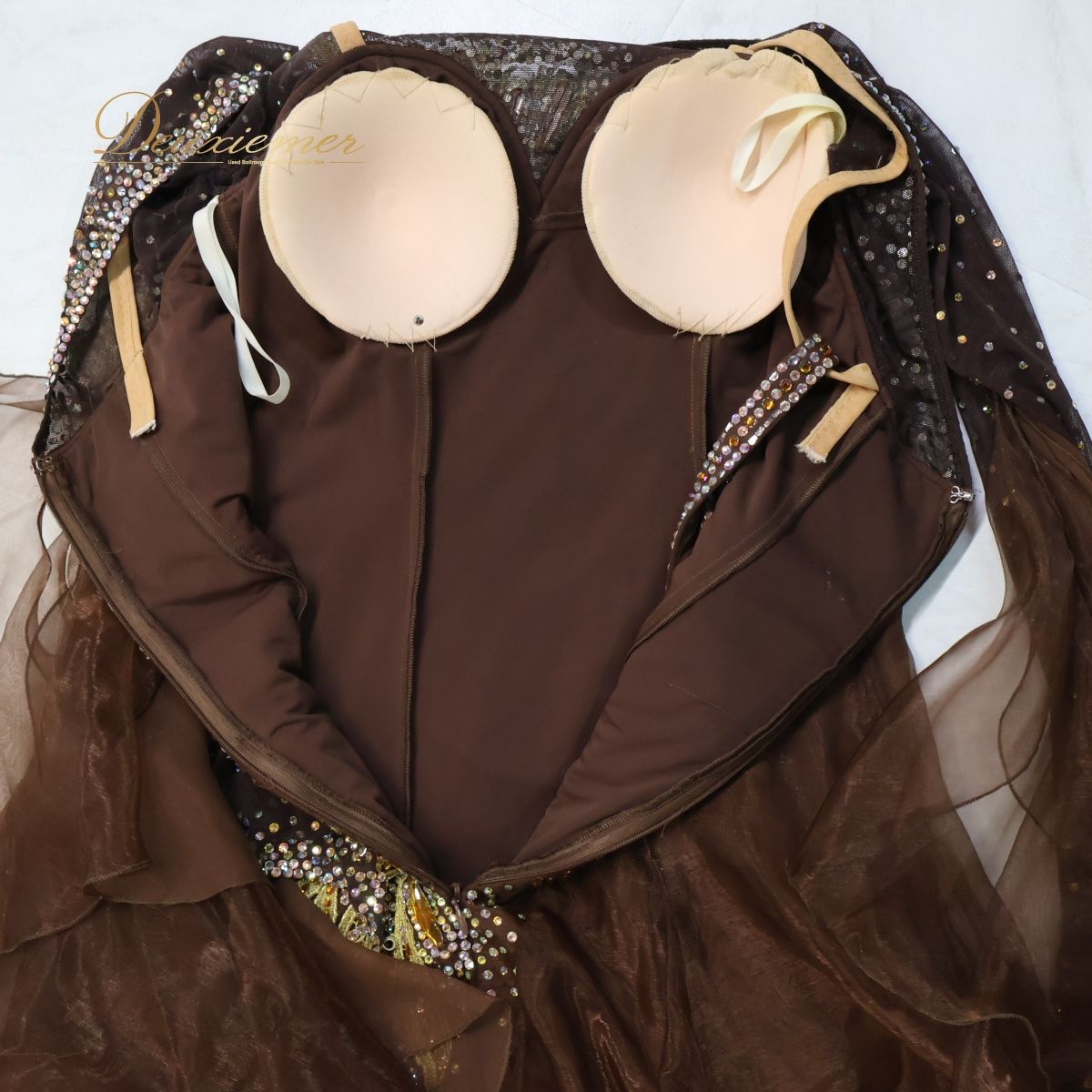 【美品 社交ダンス衣装】ブラウン ワンピース ドレス 茶色 焦げ茶色 フリル 美品 社交ダンス衣装】ブラウン ワンピース ドレス 茶色 焦げ茶