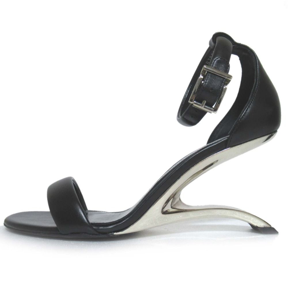 美品 Alexander McQueen アレキサンダーマックイーン アンクルストラップ デザインヒール サンダル サイズ38 約24.5cm ブラック レディース 古着  USED