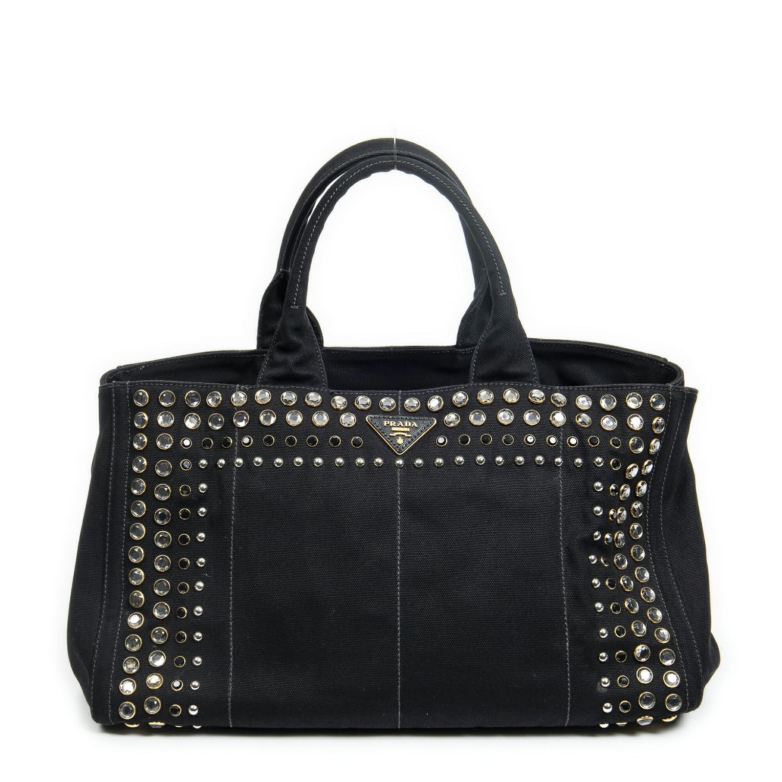 PRADA プラダラージラインストーンカナパトート黒スタッズカナパキャンバスA