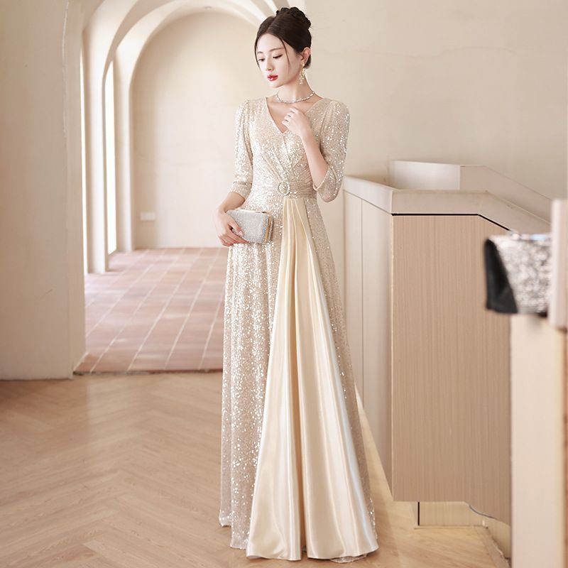 ドレス Vネック レディース ロングドレス 演奏会 演奏会用ドレス 袖付き ワンピース 結婚式 大人 ピアノ 発表会 ロング丈 パーティードレス フォーマルドレス 演奏会ドレス 成人式 同窓会 謝恩会 キラキラ MAAHADDERANG_COM
