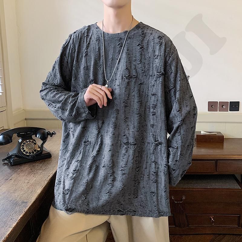 メンズ 長袖 Tシャツ 無地 ダメージ加工 丸首 おしゃれ ストリート カジュアル デザイン