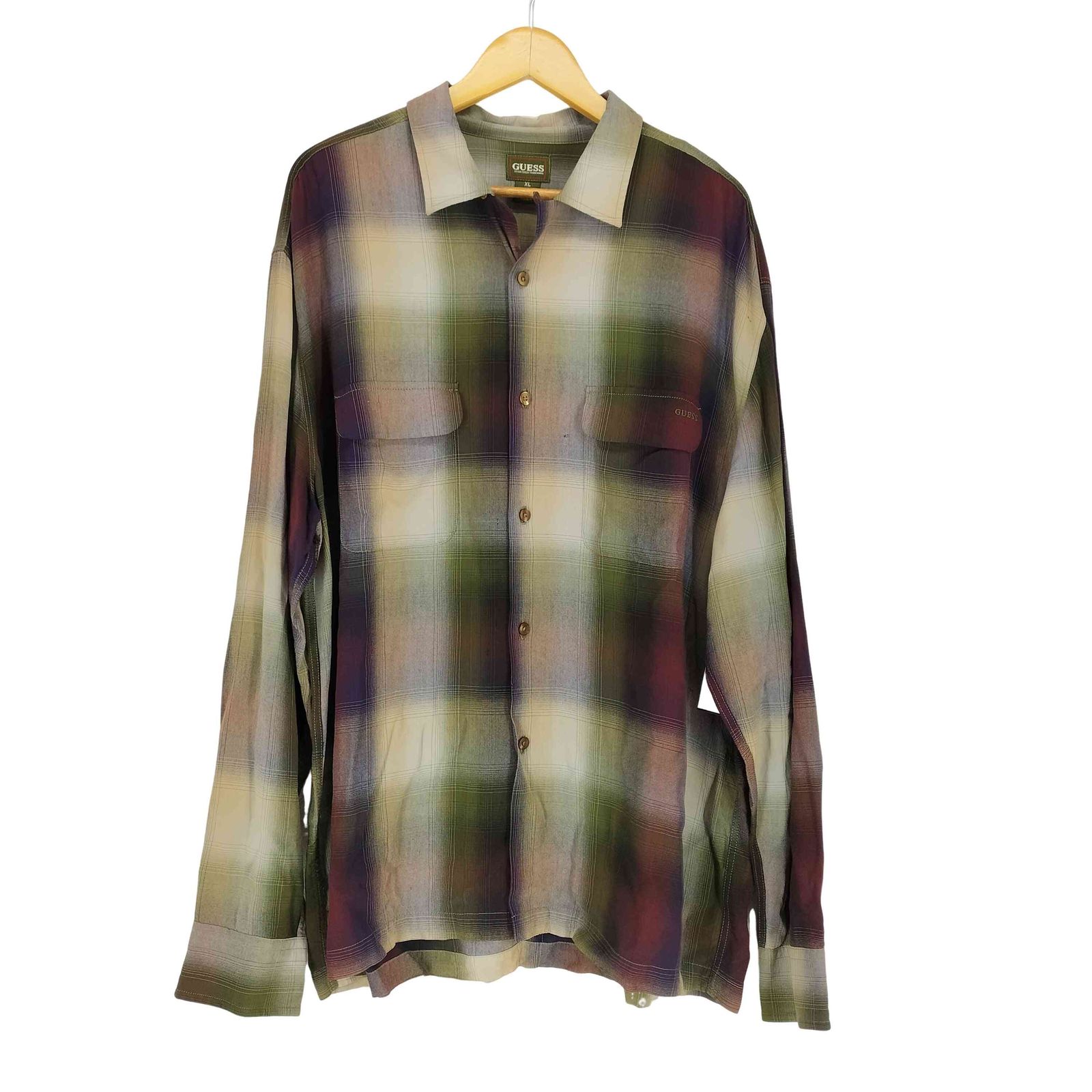90s〜00s ゲス GUESS オンブレチェックレーヨン開襟シャツ XL ゲス