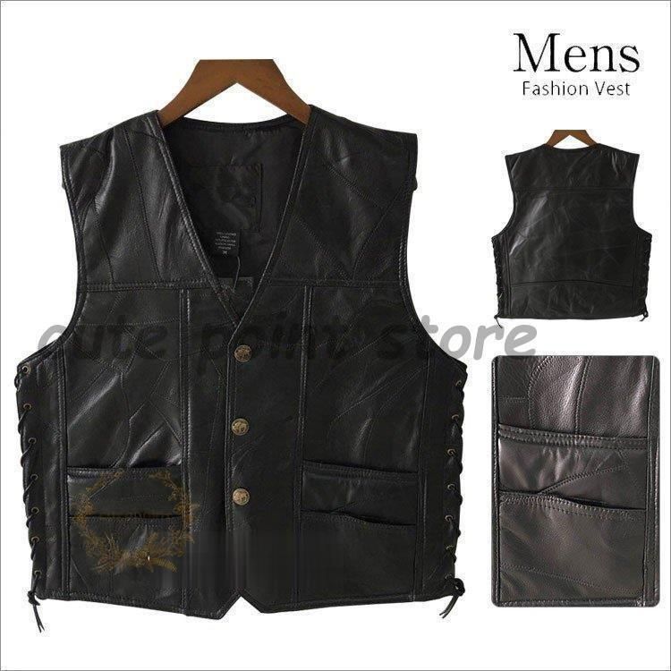 ベスト メンズ レザーベスト 革ベスト ジレベスト カジュアル ジャケット アウター カジュアルベスト バイク ライダースベスト 秋
