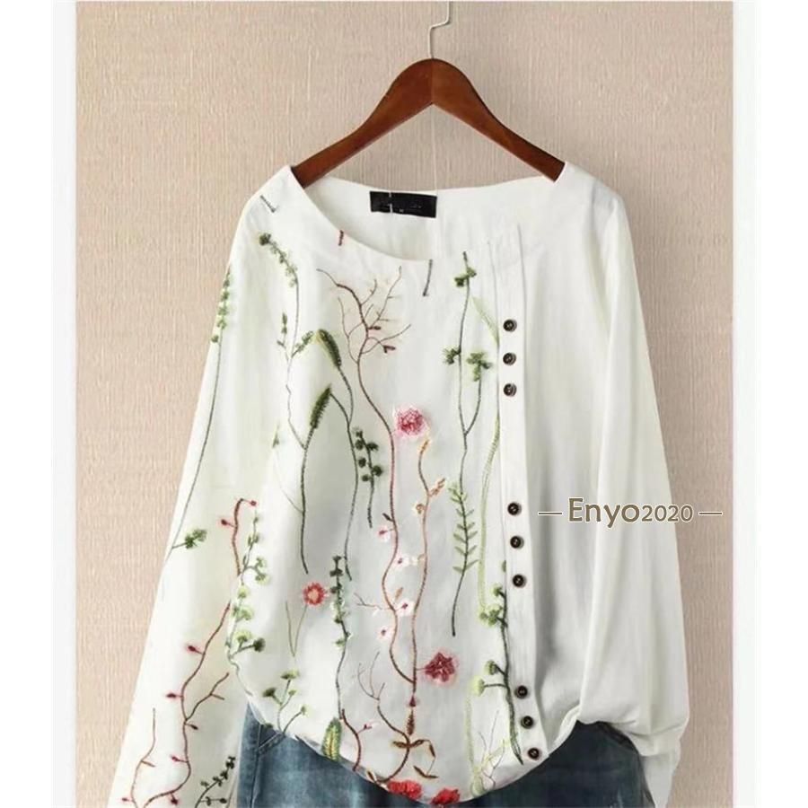 シャツ ブラウス レディース Tシャツ トップス 長袖 刺繍 花柄