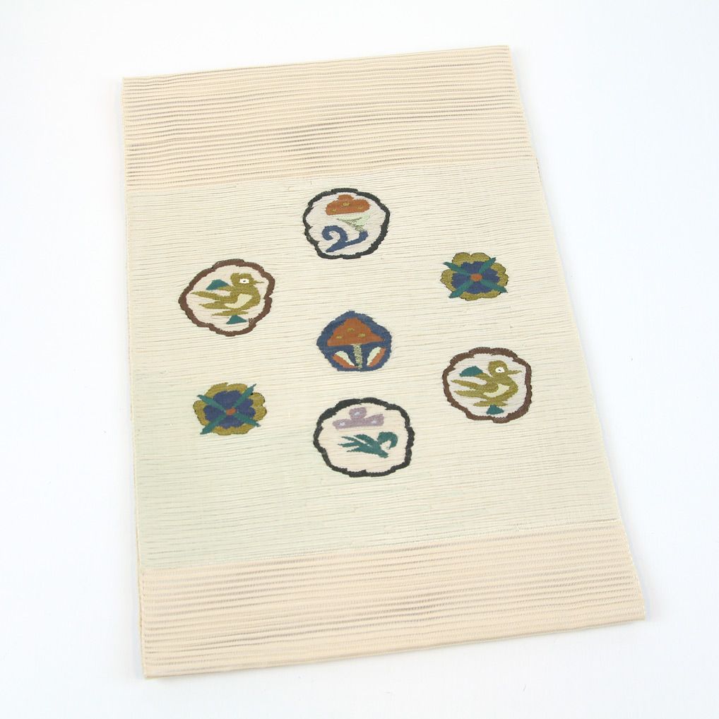 絽綴れ　絽つづれ　名古屋帯　夏 リサイクル】 名古屋帯 【絽つづれ】 絽綴れ 花鳥 抽象 横段 生成り 夏