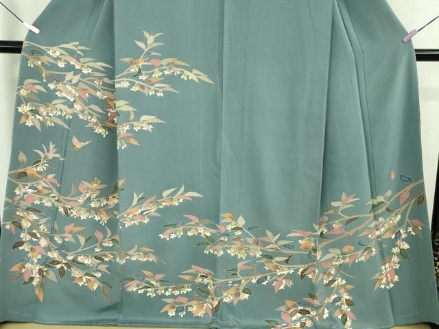 平和屋本店□極上 本加賀友禅作家 松島仁司 訪問着 枝花に小鳥 薄花色