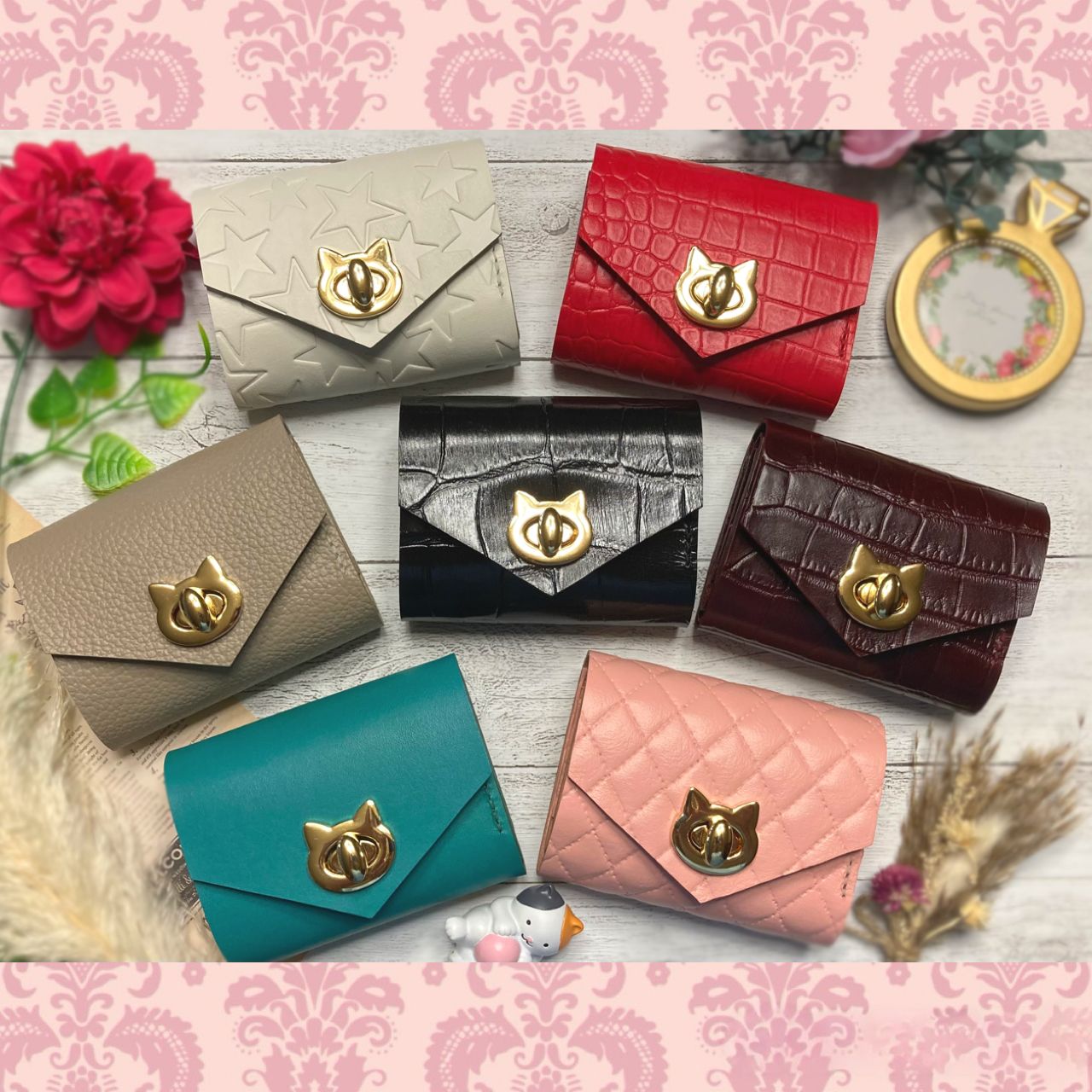 ❤【新色♪】【可愛さ×高級感♪】お洒落可愛い猫のコンパクトミニ財布♪黒猫 水シボ ❤【新作♪】【可愛さ×高級感♪】お洒落可愛い猫モチーフの総本革