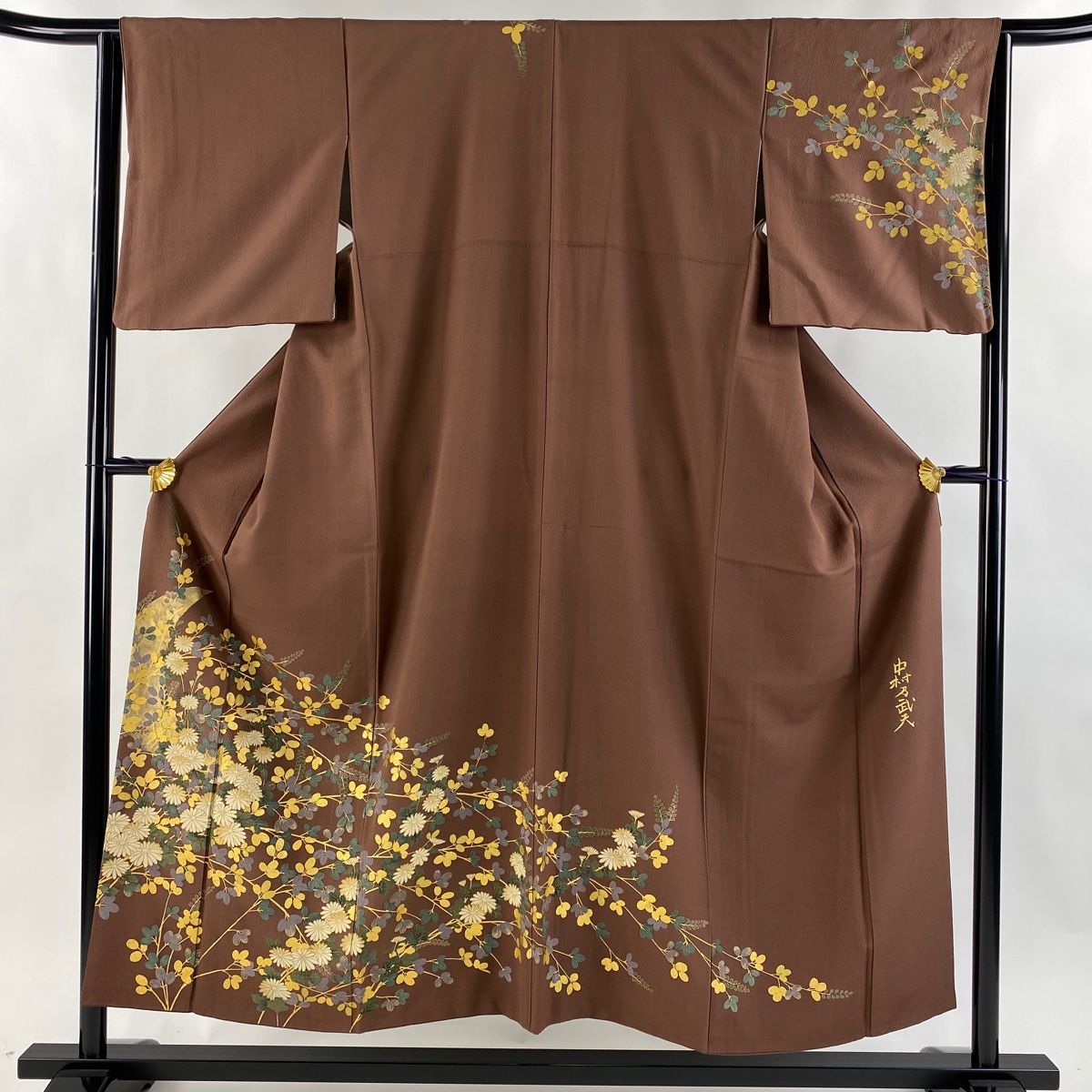 訪問着 身丈153cm 裄丈64cm M 袷 中村乃武夫 落款 秋草 三日月 茶色 正絹 名品