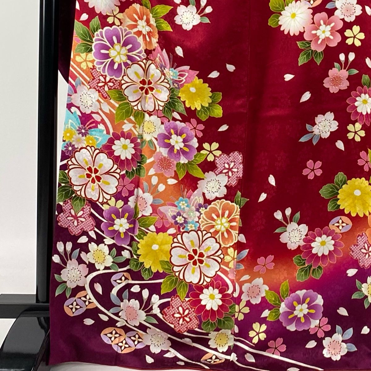 正絹袋帯 桜柄 赤黒ゴールド やまと誂製 唐織り 桜 袋帯 正絹 振袖 金