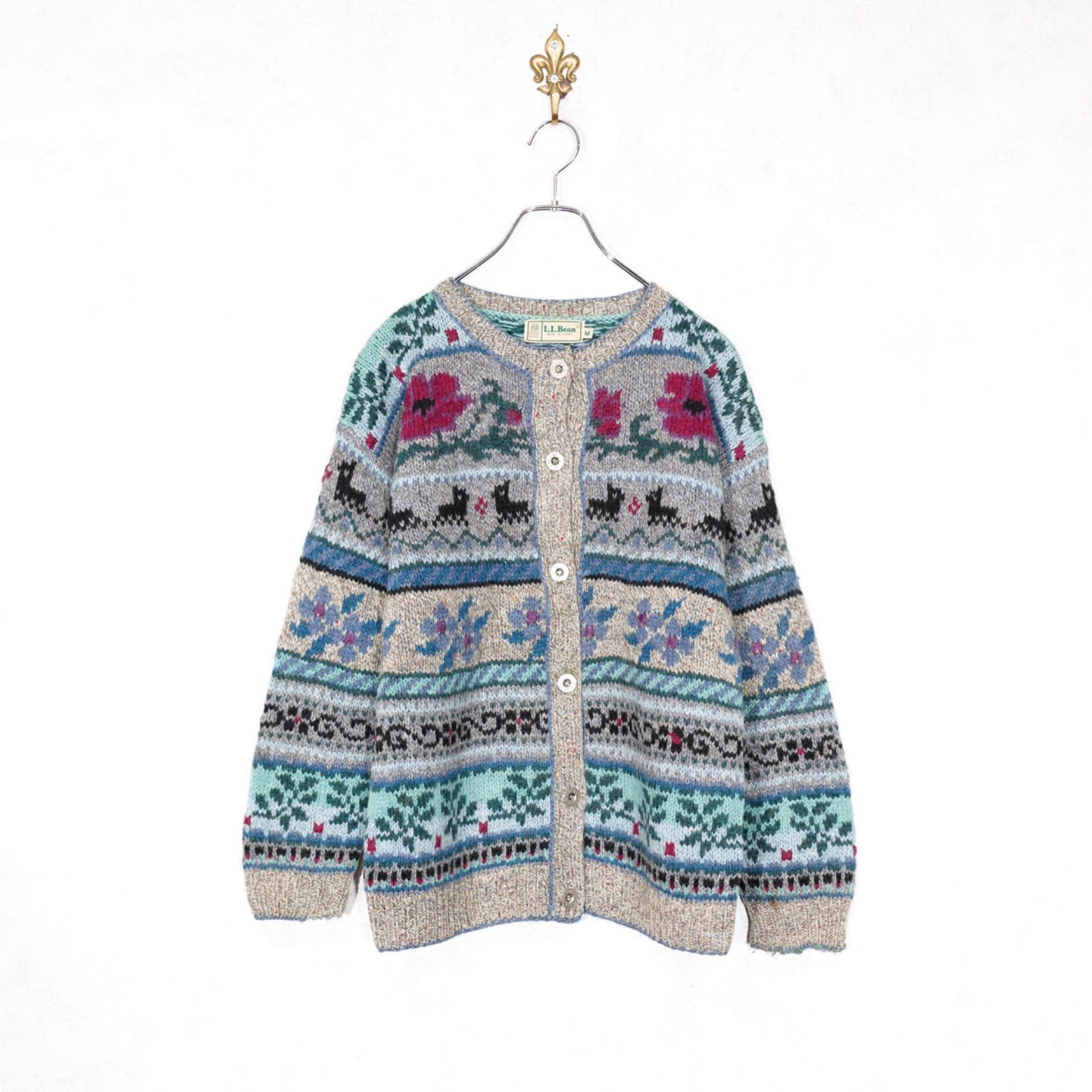 【正規品】激安＆送無も。 USA VINTAGE LL BEAN FLOWER ANIMAL PATTERNED DESIGN WOOL KNIT CARDIGAN|アメリカ古着エルエルビーンお花アニマル柄デザインニットカーディガン 最上質。