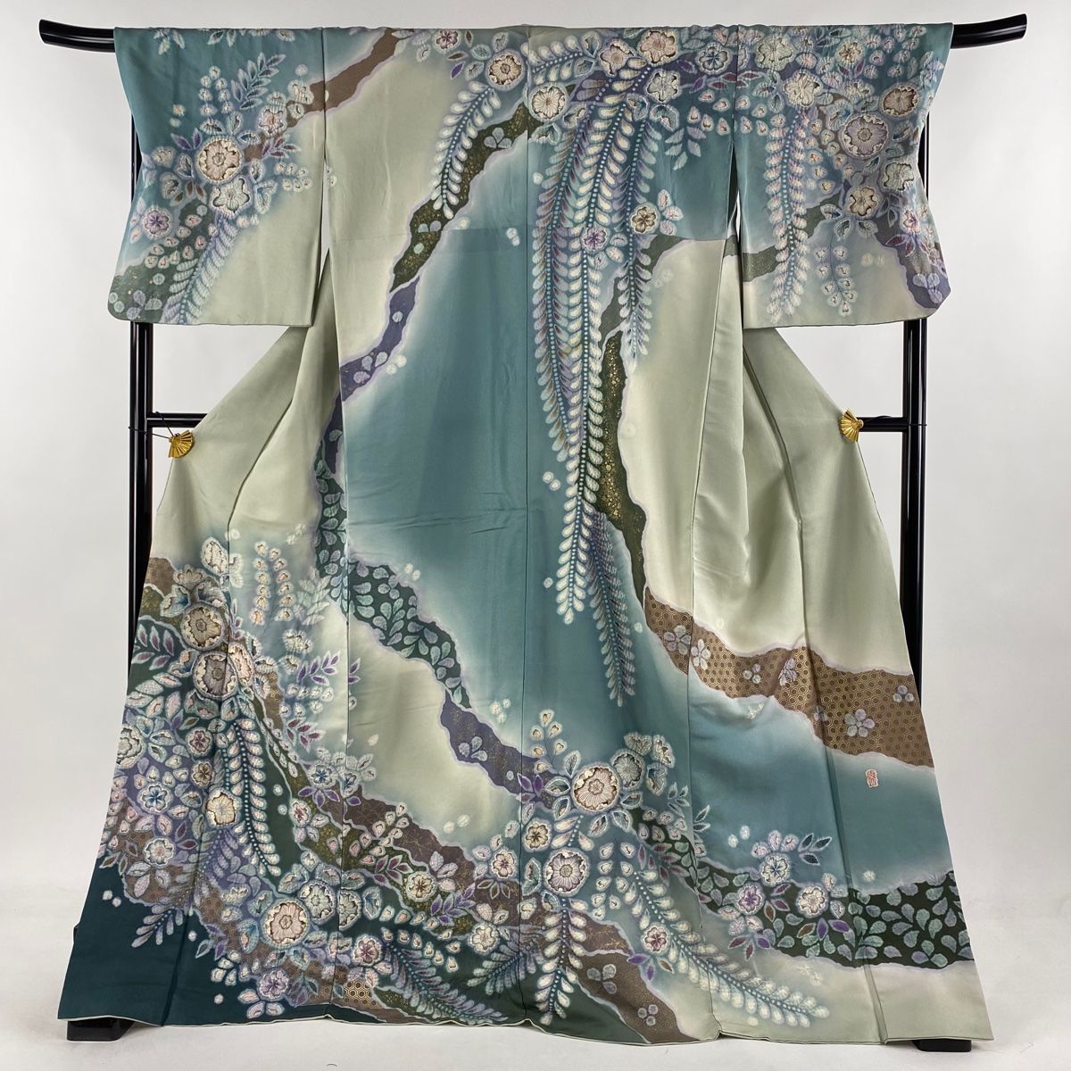 訪問着 身丈173cm 裄丈70cm L 袷 翠山工房 落款 辻が花 亀甲 金彩 銀通し 薄緑 正絹