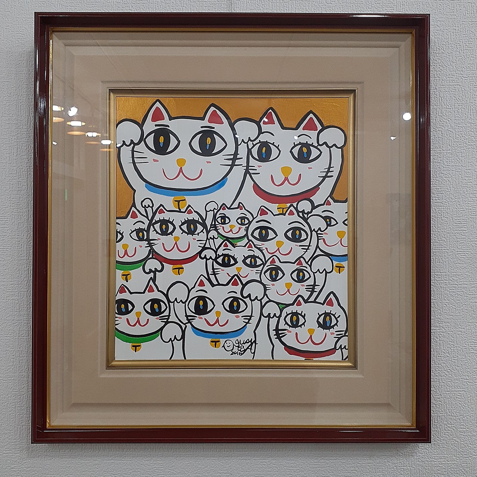 ハッピー招き猫　日本画金箔　額付(アンティーク)　F8号　画家　小楠アキコ作品 ハッピー招き猫日本画金箔額付(アンティーク)F8号画家小楠アキコ作品