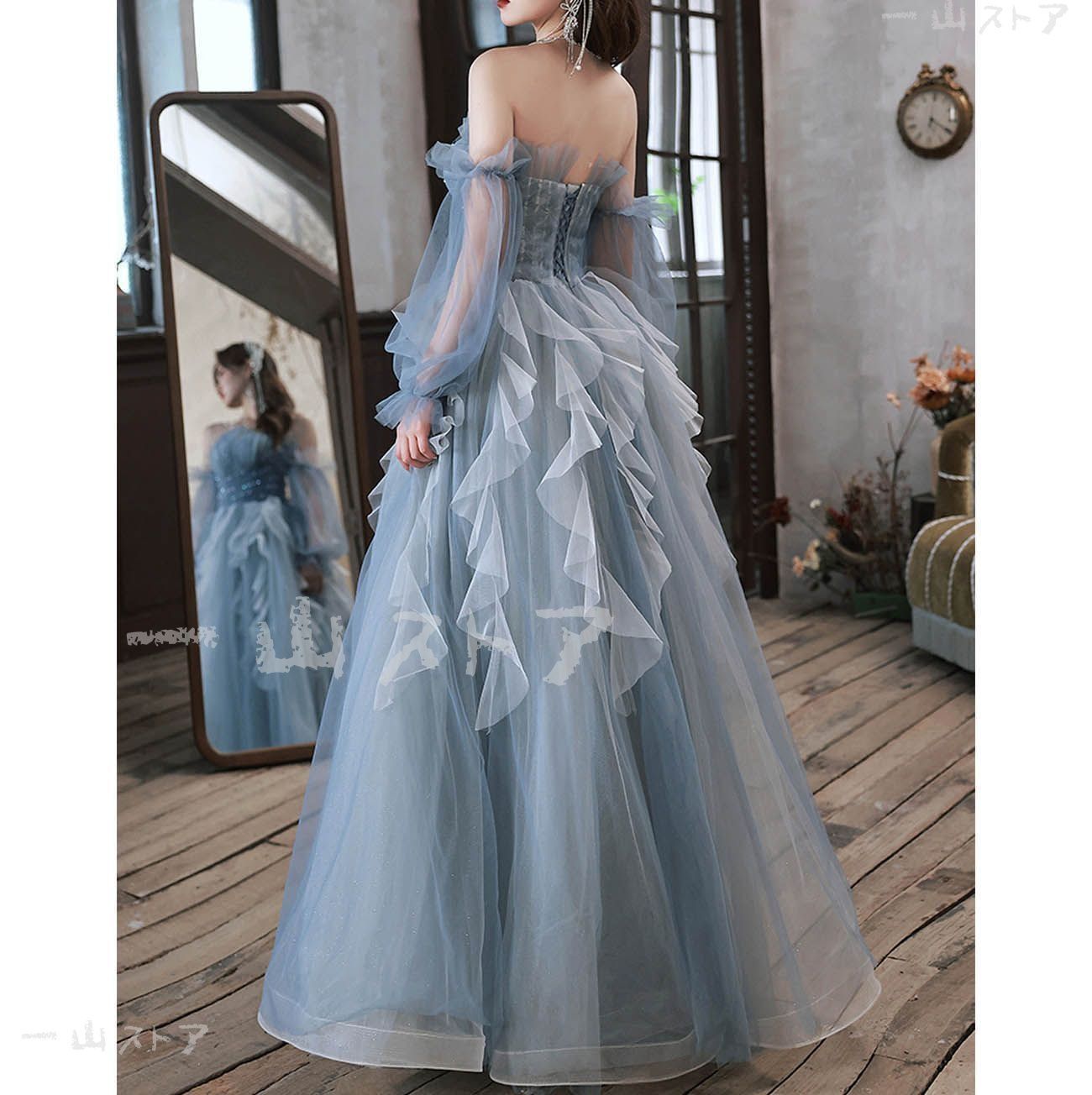 ?♥ カラードレス プリンセスライン 青 ブルー パフスリーブ 長袖上品 ロングドレス ウェディングドレス 結婚式 二次会 花嫁 CAMPINGPARCCENTRAL_COM