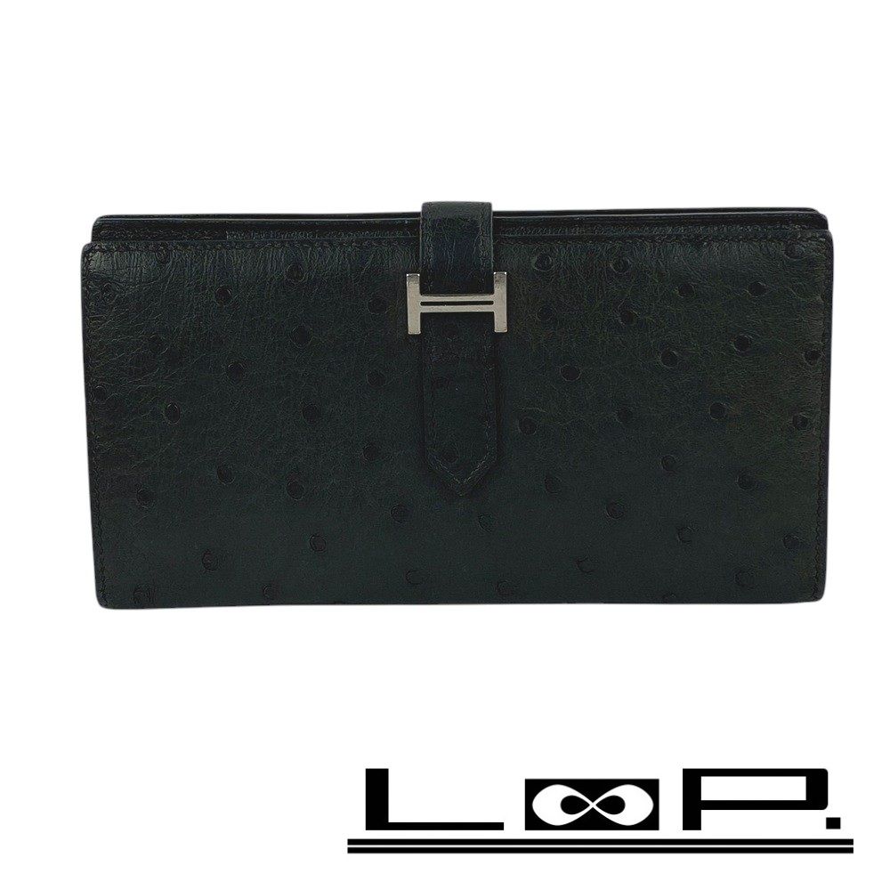 □中古□ エルメス ベアンスフレ 長財布 オーストリッチ ブラック Z刻