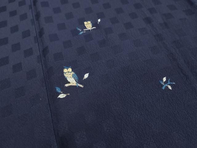 平和屋着物○本藍 訪問着 総刺繍 フクロウ 市松文様 金銀糸 正絹 逸品